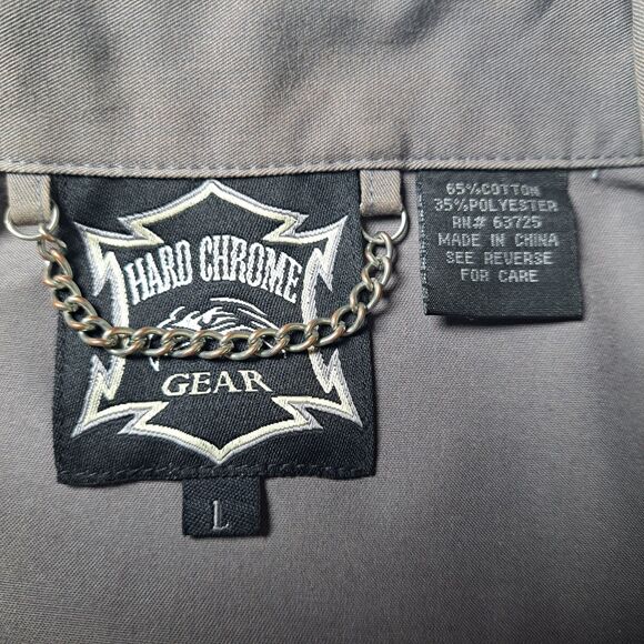 Hard Chrome Mens Snap Down Mechanics Shirt Size L Gray Black Embroidered Skulls - Picture 4 of 12